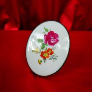 Floral Porcelain & Sterling Brooch ESTATE Vtg 1960s Schlaggenwald Czechoslovakia